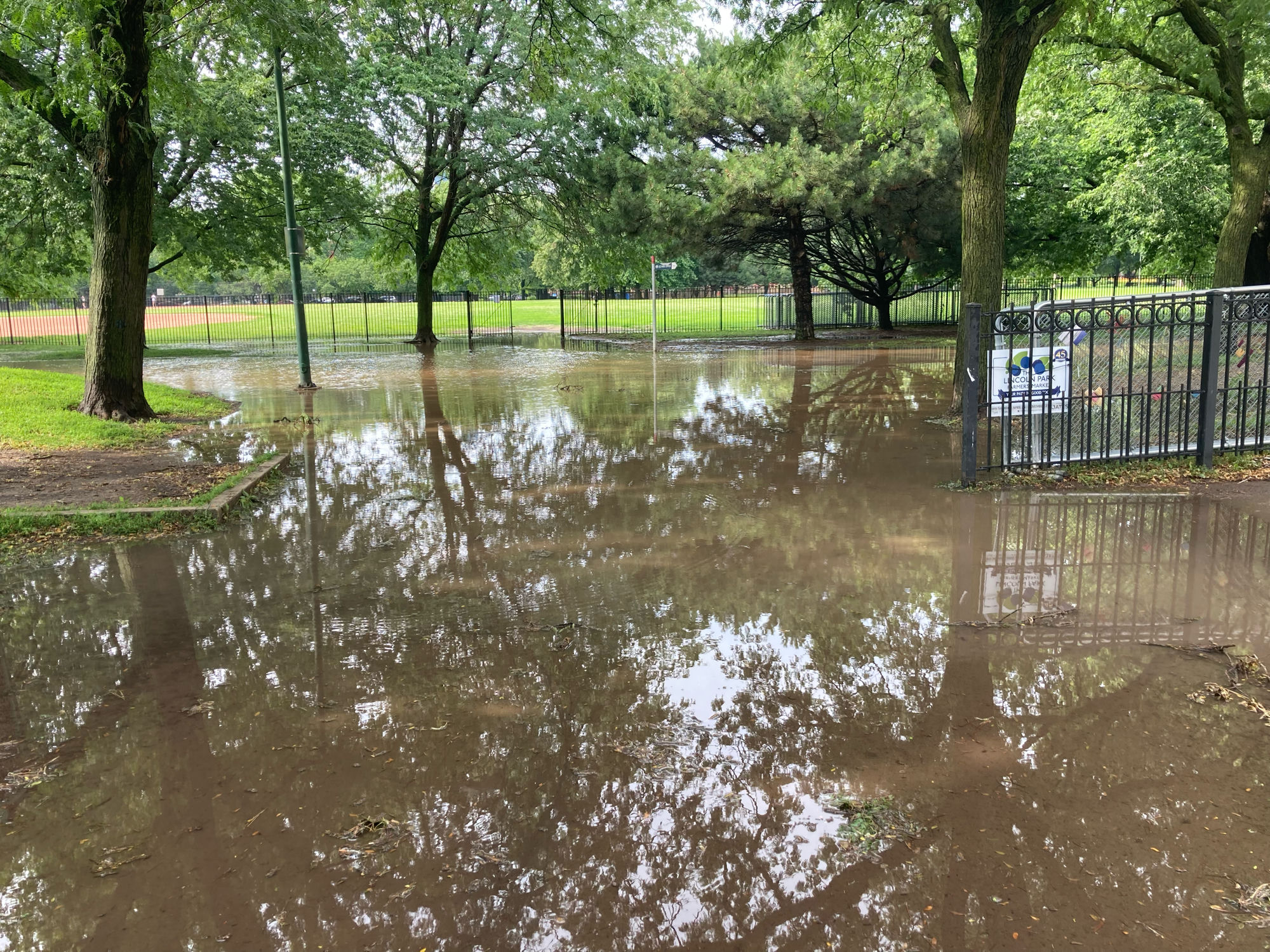 Flooded entrance to Lincoln Park Farmers Market