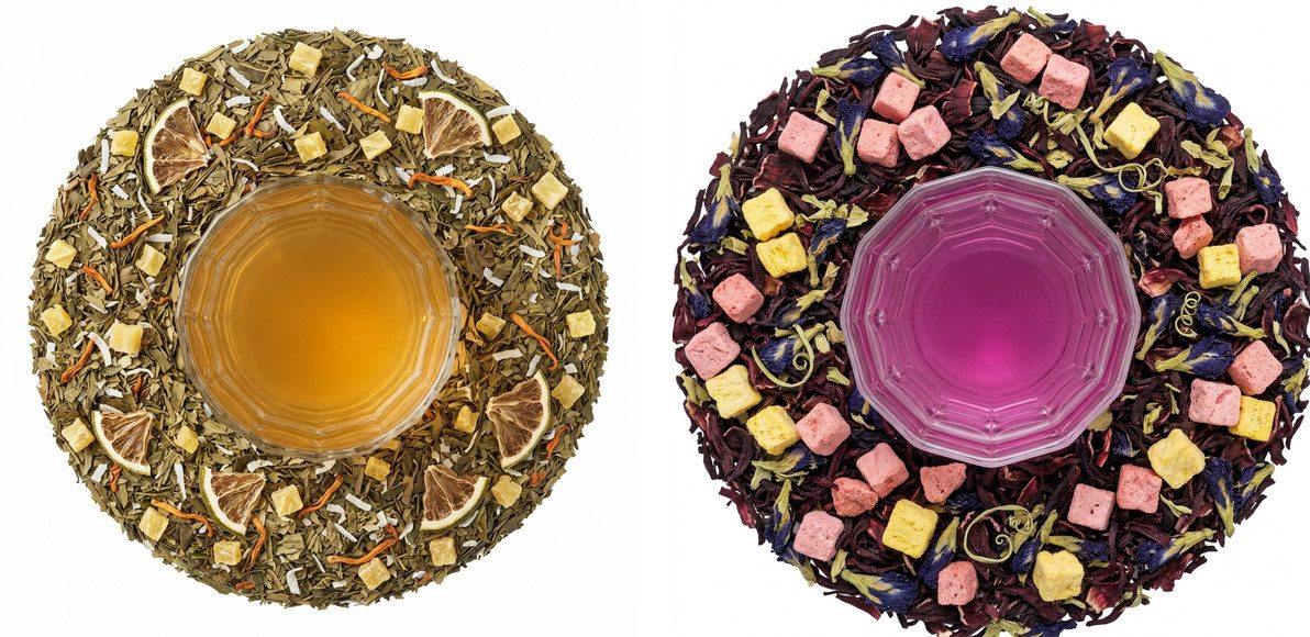Two overhead flat-lays side by side: Pi&ntilde;a Guayusa with green guayusa leaf, pineapple, coconut and lime around a glass of amber tea, and Pineapple Purp with hibiscus and butterfly pea flower around a glass of magenta-pink tea